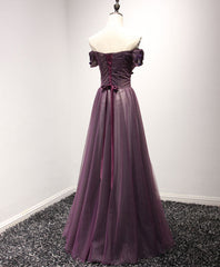 Formal Dressed Long, Purple Tulle Lace Off Shoulder Long Prom Dress, Purple Evening Dress
