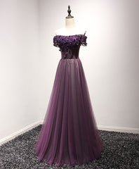 Formal Dress Shops Near Me, Purple Tulle Lace Off Shoulder Long Prom Dress, Purple Evening Dress