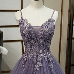 Party Dress Ball, Purple Tulle Layers Long Formal Gown, Lace Applique Top Party Dress