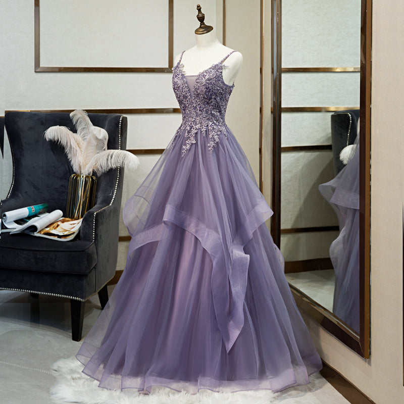 Party Dresses And Tops, Purple Tulle Layers Long Formal Gown, Lace Applique Top Party Dress