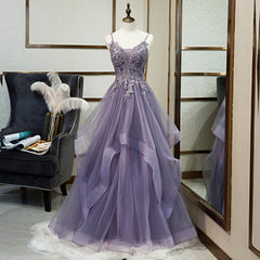 Party Dresses Online Shopping, Purple Tulle Layers Long Formal Gown, Lace Applique Top Party Dress
