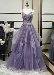 Party Dress A Line, Purple Tulle Layers Long Formal Gown, Lace Applique Top Party Dress