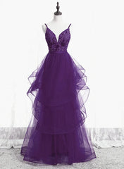 Homecome Dresses Short Prom, Purple Tulle Layers with Lace Long Evening Dresses, Purple Prom Dress Party Dresses