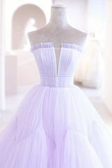Homecoming Dress Short, Purple Tulle Long A-Line Prom Dress, A-Line Strapless Evening Gown