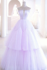 Homecoming Dresses Long, Purple Tulle Long A-Line Prom Dress, A-Line Strapless Evening Gown
