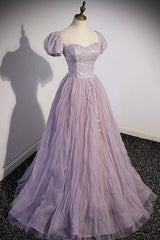 Party Dresses Ideas, Purple Tulle Long A-Line Prom Dress, Purple Short Sleeve Evening Party Dress