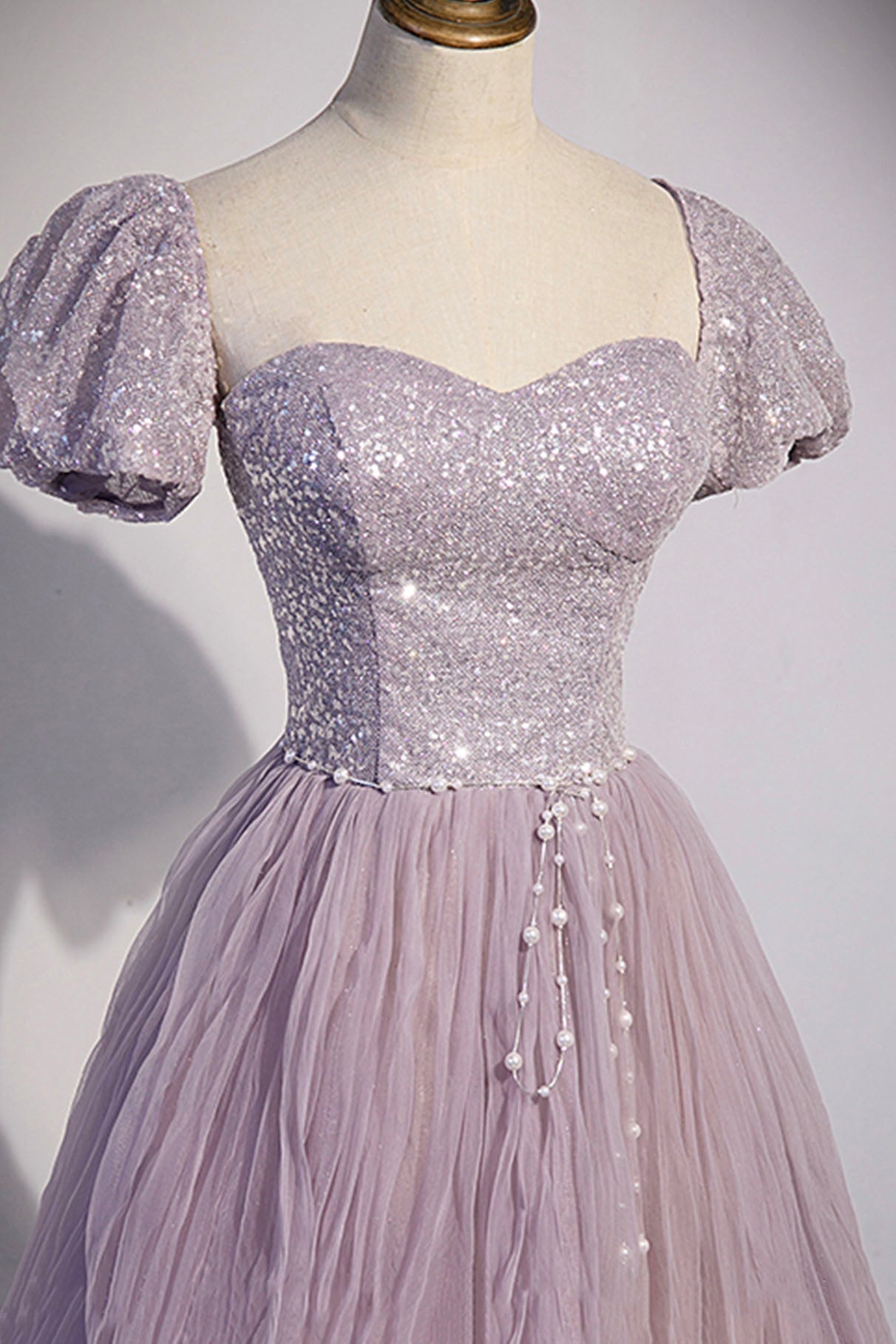Party Dress A Line, Purple Tulle Long A-Line Prom Dress, Purple Short Sleeve Evening Party Dress