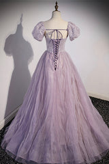 Party Dress Ball, Purple Tulle Long A-Line Prom Dress, Purple Short Sleeve Evening Party Dress