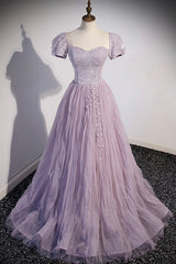 Party Dresses Idea, Purple Tulle Long A-Line Prom Dress, Purple Short Sleeve Evening Party Dress