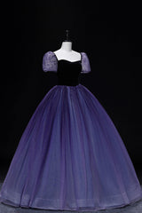 Formal Dress Gowns, Purple Tulle Long A-Line Prom Dress, Purple Short Sleeve Princess Dress