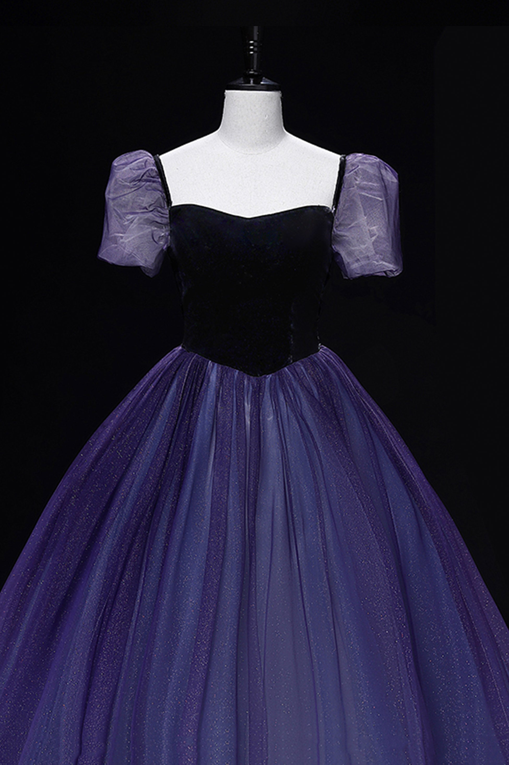 Formal Dresses Fashion, Purple Tulle Long A-Line Prom Dress, Purple Short Sleeve Princess Dress