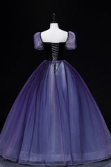 Formal Dress Fashion, Purple Tulle Long A-Line Prom Dress, Purple Short Sleeve Princess Dress
