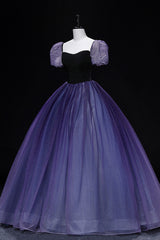 Formal Dresses Gown, Purple Tulle Long A-Line Prom Dress, Purple Short Sleeve Princess Dress