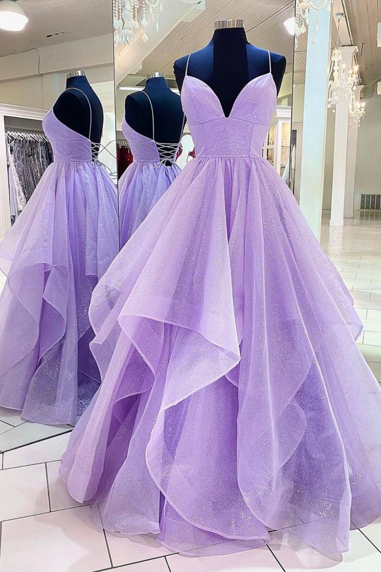Prom Dresses For Skinny Body, Purple Tulle Long A-Line Prom Dress, Spaghetti Strap Formal Evening Dress