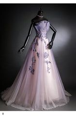 Prom Dresses Mermaide, Purple Tulle Long Gradient Party Dress with Flower Lace Applique, Light Purple Prom Dresses
