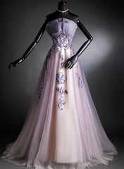 Prom Dress Shiny, Purple Tulle Long Gradient Party Dress with Flower Lace Applique, Light Purple Prom Dresses