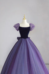Sweet 18 Dress, Purple Tulle Long Prom Dress with Velvet, Cute A-Line Short Sleeve Evening Dress