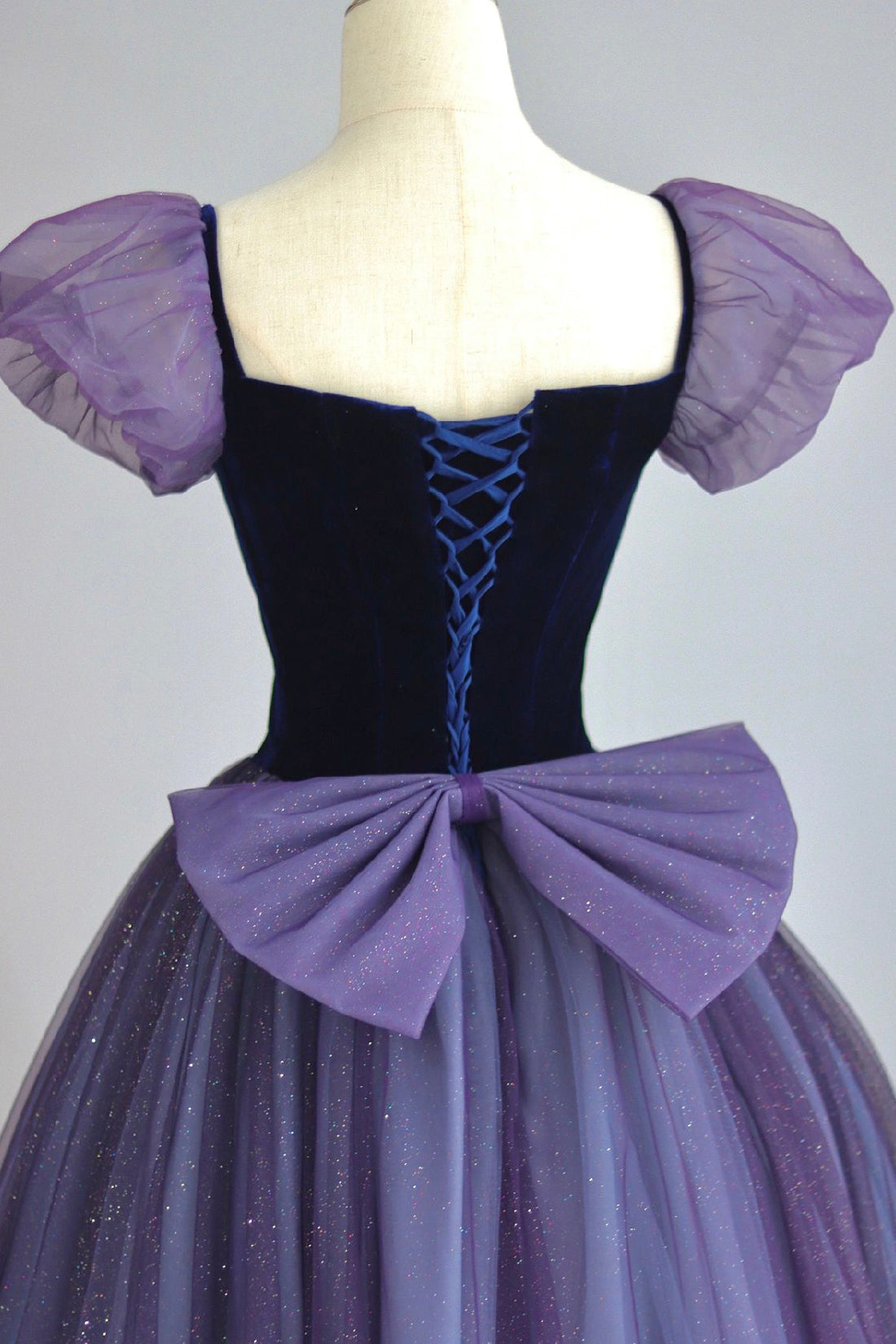 Fairytale Dress, Purple Tulle Long Prom Dress with Velvet, Cute A-Line Short Sleeve Evening Dress