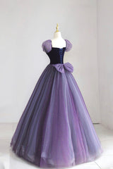Light Blue Prom Dress, Purple Tulle Long Prom Dress with Velvet, Cute A-Line Short Sleeve Evening Dress
