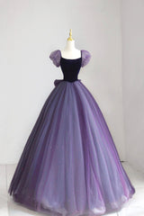 Red Carpet Dress, Purple Tulle Long Prom Dress with Velvet, Cute A-Line Short Sleeve Evening Dress