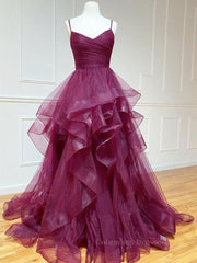 Evening Dresses Stores, Purple Tulle Long Prom Dresses, Purple Tulle Long Formal Evening Dresses