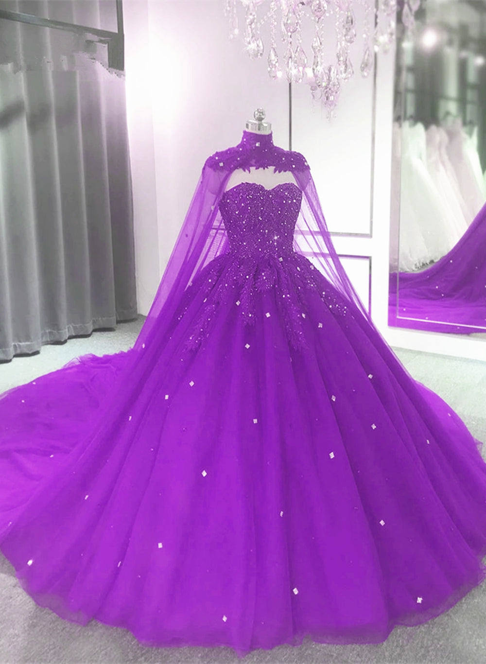Bridesmaid Dresses Pink, Purple Tulle Quinceanera Dress Lace Applique Beaded Cape, Purple Formal Dress Party Dress