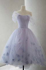Homecoming Dress Elegant, Purple Tulle Short A-Line Prom Dress, Cute Off the Shoulder Party Dress