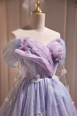 Prom Dresses 2025 Fashion Outfit, Purple Tulle Short Party Dress, Cute A-Line Off Shoulder Prom Dress