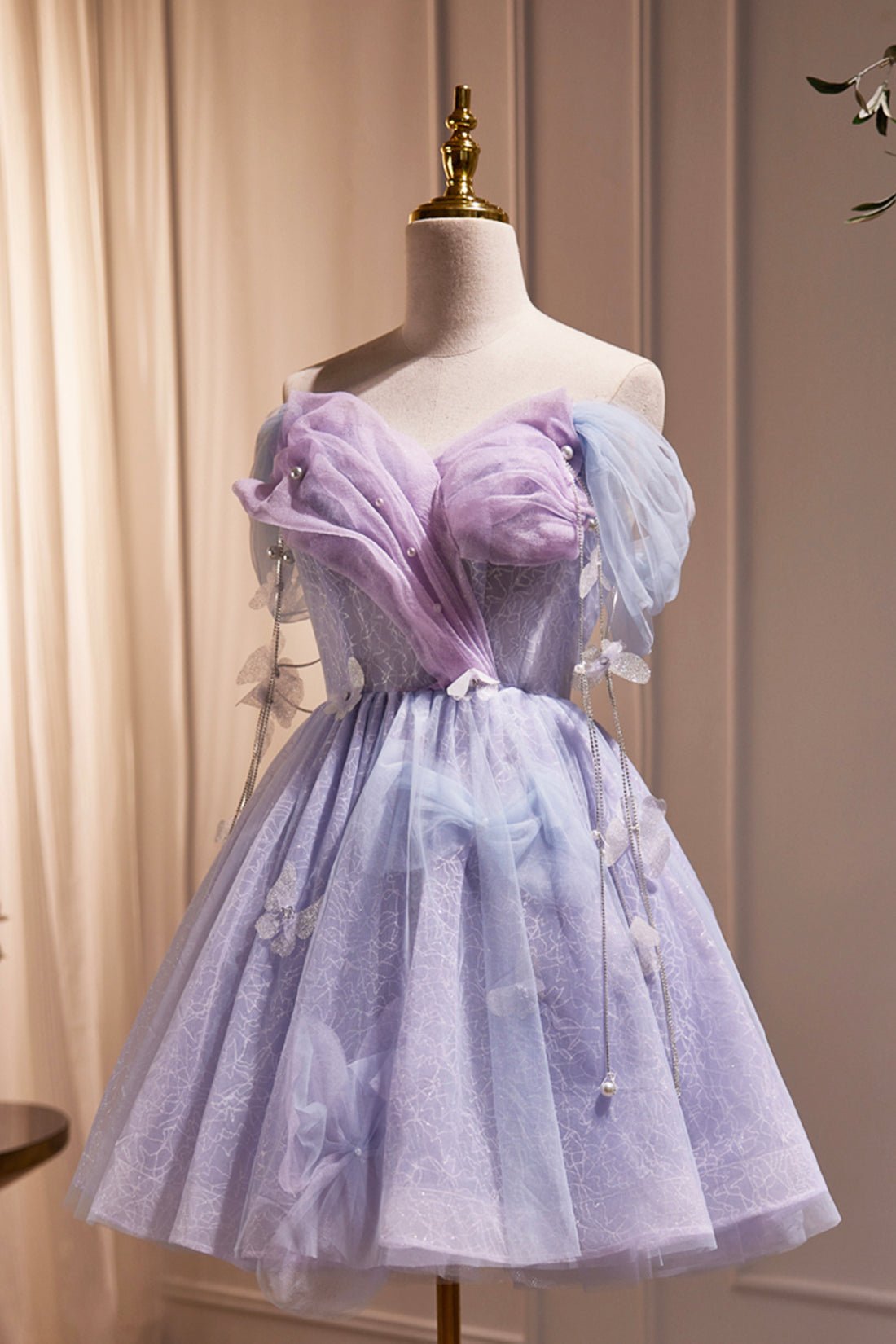Prom Dress Cute, Purple Tulle Short Party Dress, Cute A-Line Off Shoulder Prom Dress
