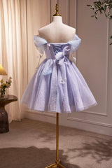 Prom Dresses Cute, Purple Tulle Short Party Dress, Cute A-Line Off Shoulder Prom Dress