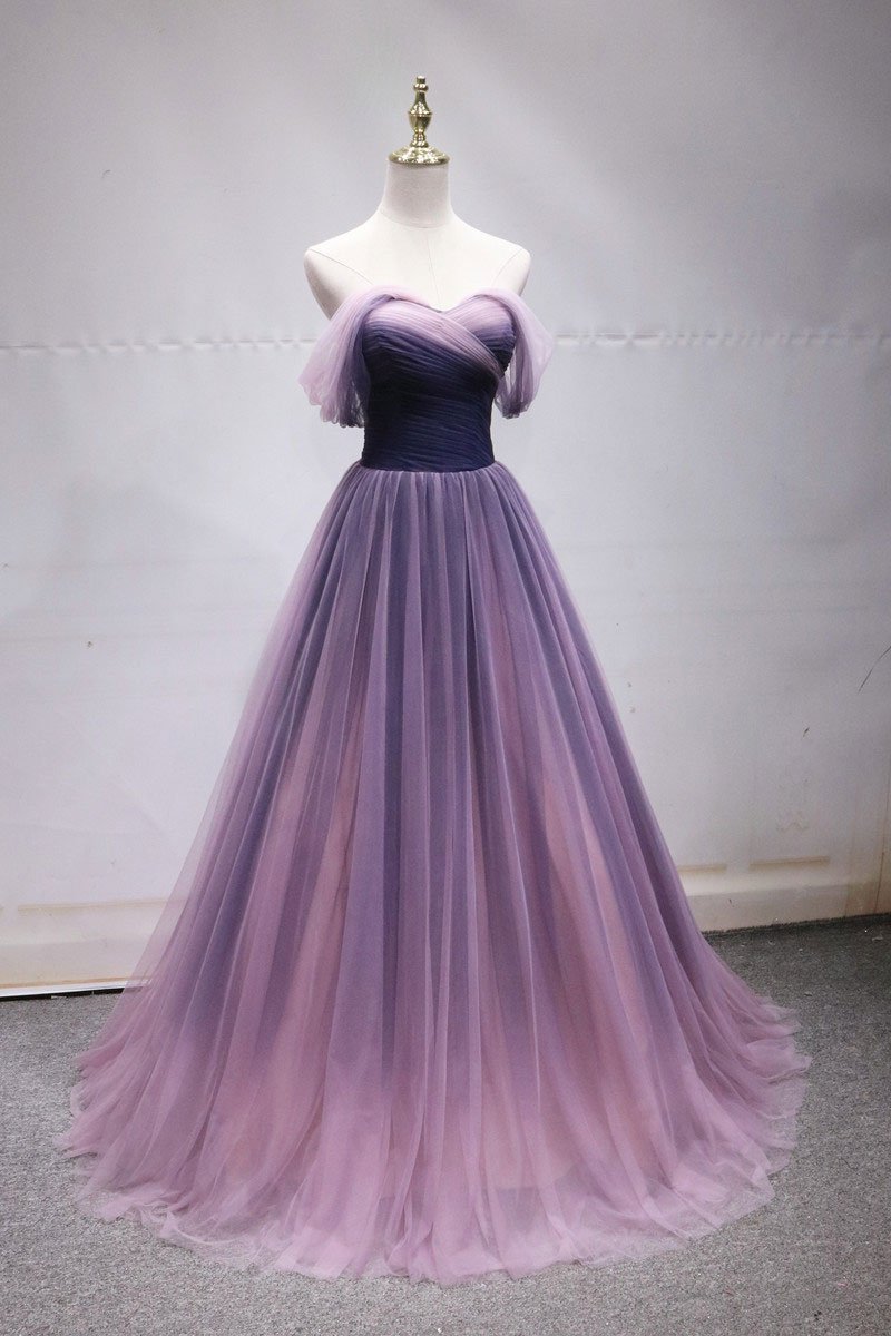 Fairytale Dress, Purple Tulle Sweetheart Gradient Off Shoulder Long Party Dress, A-line Tulle Prom Dress Party Dress