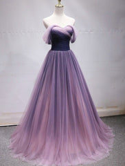 Sweet 17 Dress, Purple Tulle Sweetheart Gradient Off Shoulder Long Party Dress, A-line Tulle Prom Dress Party Dress