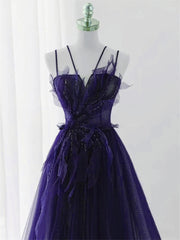 Bridesmaids Dresses Online, Purple Tulle with Lace Applique Long Prom Dress, Purple Long Formal Dress