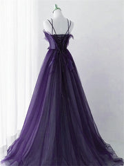 Bridesmaids Dress Online, Purple Tulle with Lace Applique Long Prom Dress, Purple Long Formal Dress