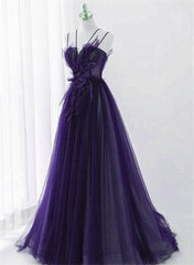 Bridesmaid Dress Design, Purple Tulle with Lace Applique Long Prom Dress, Purple Long Formal Dress