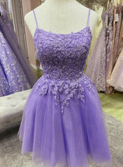 Prom Dress Blush, Purple Tulle with Lace Short Straps Homecoming Dress, Purple Short Prom Dress