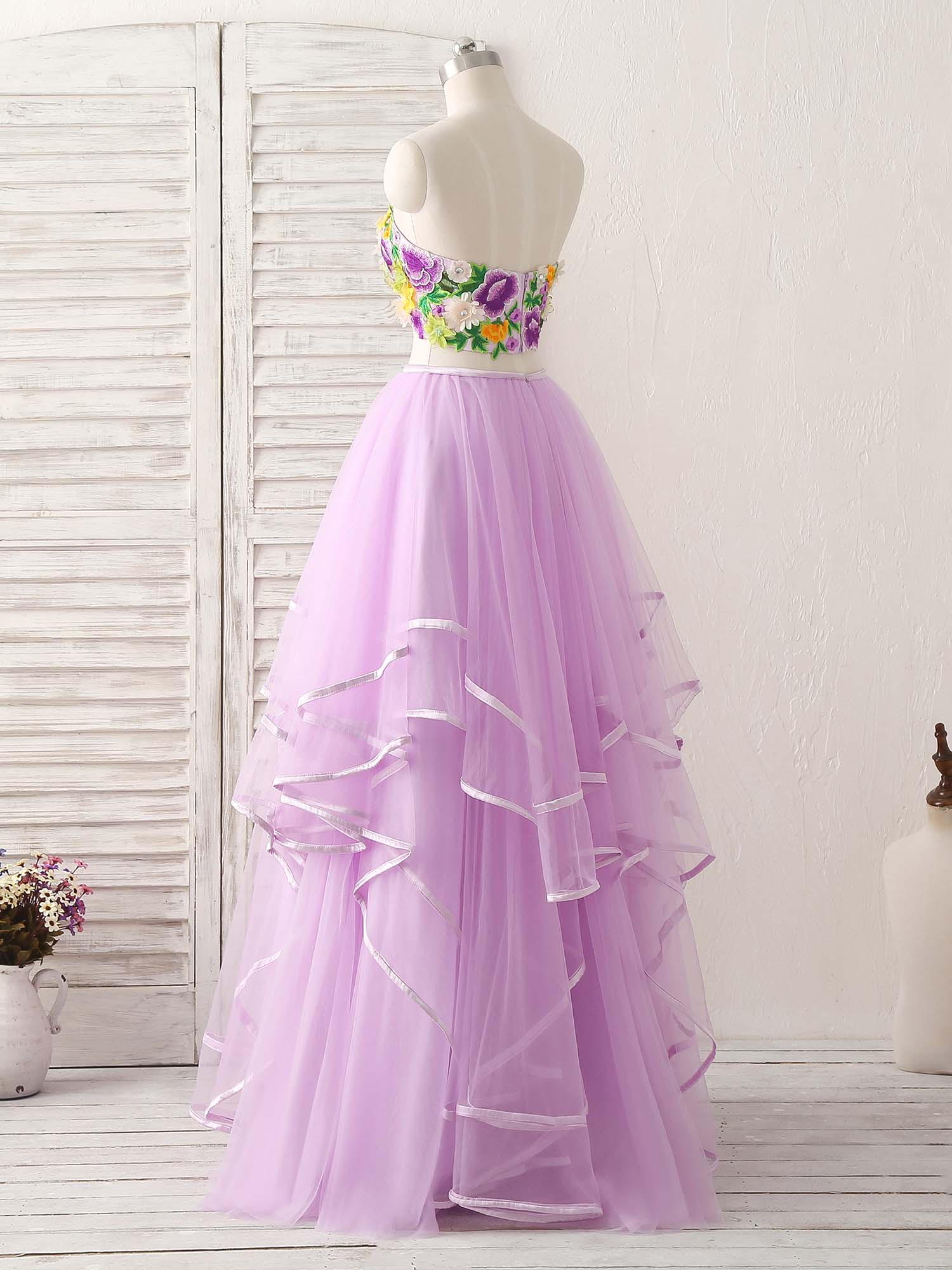 Party Dresses With Sleeves, Purple Two Pieces Applique Tulle Long Prom Dress Purple Evening Dress