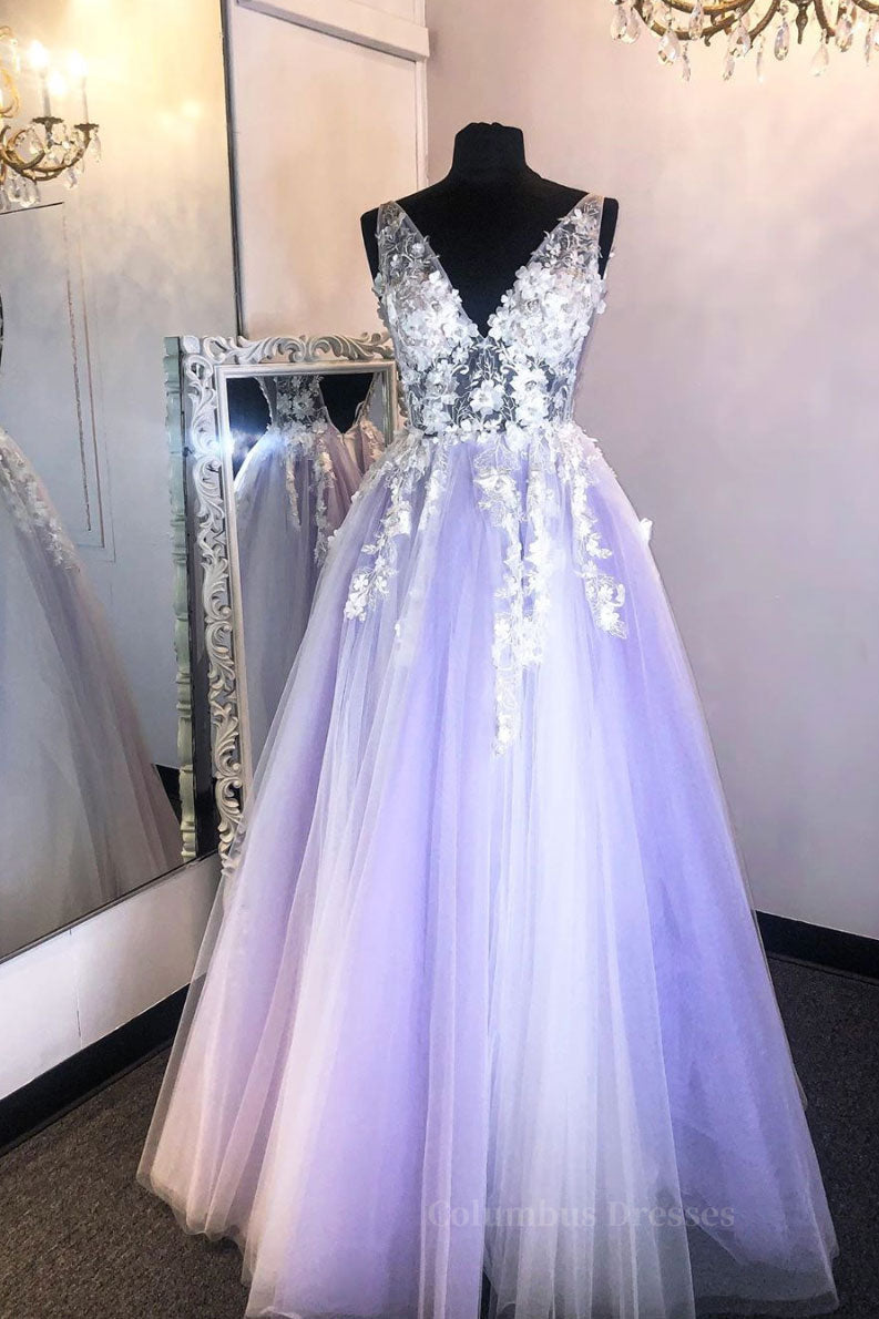 Prom Dress Silk, Purple v neck lace applique long prom dress purple formal dress