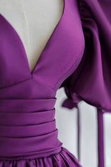 Bridesmaid Dress Short, Purple V-Neck Satin Long Formal Evening Dress, A-Line Puff Sleeve Party Dress
