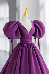 Bridesmaides Dresses Short, Purple V-Neck Satin Long Formal Evening Dress, A-Line Puff Sleeve Party Dress