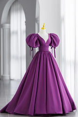 Bridesmaids Dresses Short, Purple V-Neck Satin Long Formal Evening Dress, A-Line Puff Sleeve Party Dress