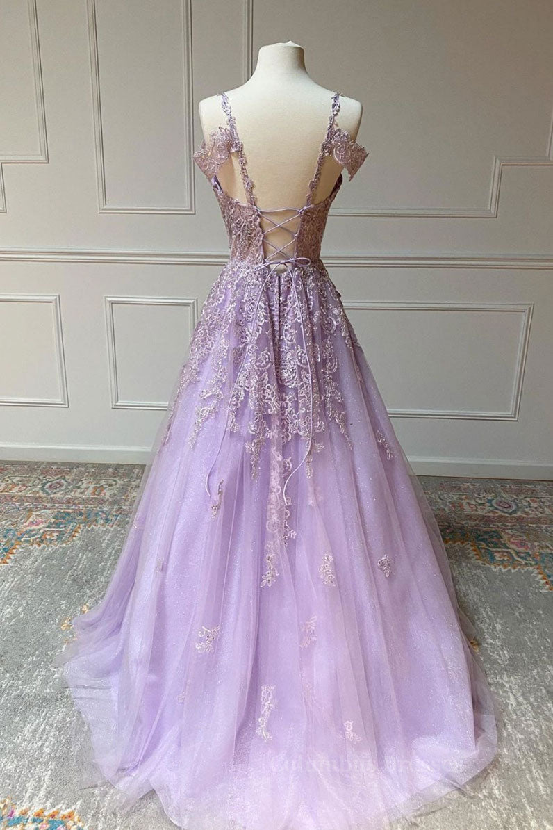 Vintage Prom Dress, Purple v neck tulle lace long prom dress purple lace formal dress
