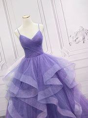 Bridesmaid Dress Summer, Purple v neck Tulle Long Prom Dress, Purple Sweet 16 Dress