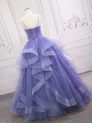 Bridesmaid Dress Green, Purple v neck Tulle Long Prom Dress, Purple Sweet 16 Dress