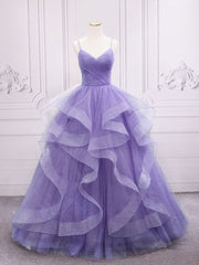Bridesmaids Dresses Summer, Purple v neck Tulle Long Prom Dress, Purple Sweet 16 Dress