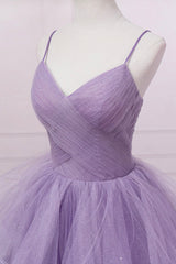 Prom Aesthetic, Purple V-Neck Tulle Long Prom Dress, Spaghetti Straps A-Line Evening Dress