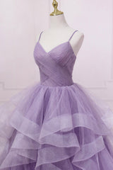 Design Dress Casual, Purple V-Neck Tulle Long Prom Dress, Spaghetti Straps A-Line Evening Dress