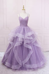 Night Club Outfit, Purple V-Neck Tulle Long Prom Dress, Spaghetti Straps A-Line Evening Dress