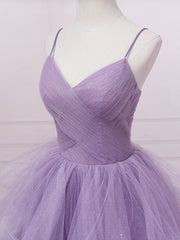 Bridesmaid Dress 2026, Purple V Neck Tulle Sequin Long Prom Dress Purple Tulle Formal Party Dress