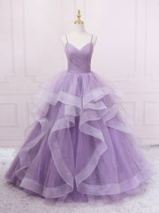Bridesmaid Dresses 2026, Purple V Neck Tulle Sequin Long Prom Dress Purple Tulle Formal Party Dress
